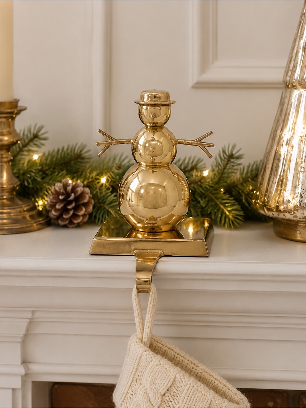 Polished Brass Snowman Christmas Stocking Holder Heavyweight Mantel Hook
